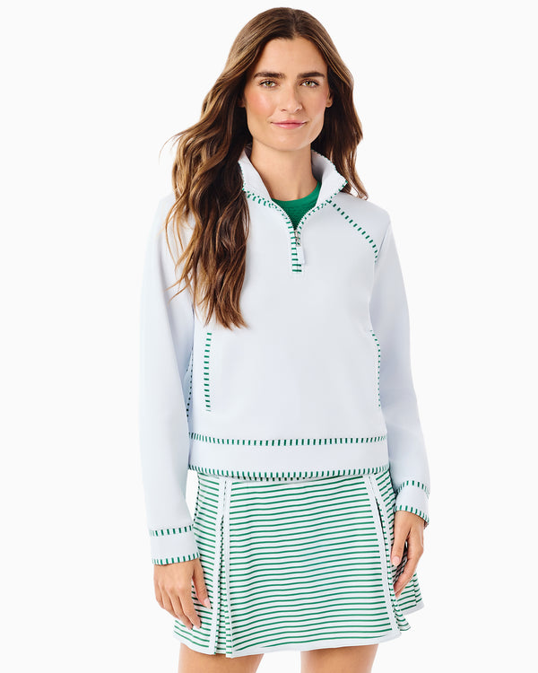 'On model product image of Scuba Light Bainbridge Quarter Zip Sweatshirt in Super White/Evergreen Stripe'