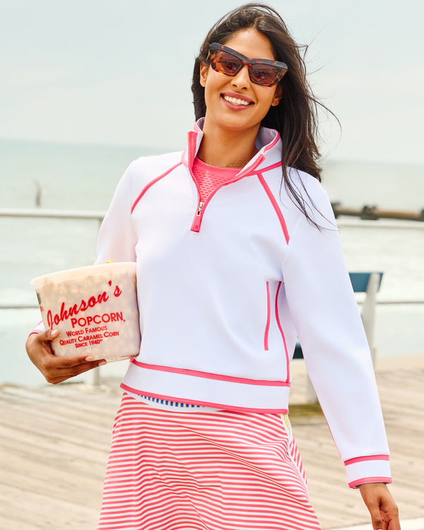 'On model product image of Scuba Light Bainbridge Quarter Zip Sweatshirt in Super White/Guava'