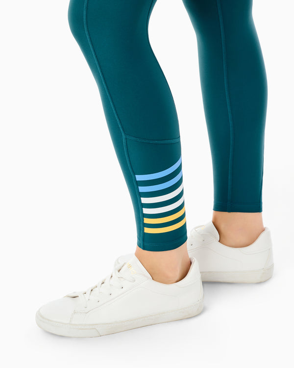 'On model product image of Sculpt Compression Pocket High-Rise Baker Legging in Laguna/Blue Jay/Lemon/Super White'
