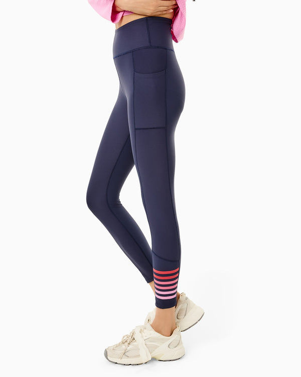 'On model product image of Sculpt Compression Pocket High-Rise Baker Legging in Navy/Rose/Cherry/Orchid'