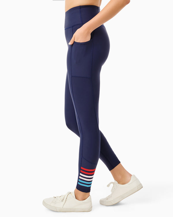 'On model product image of Sculpt Compression Pocket High-Rise Baker Legging in Navy/Ruby/White/Vintage Blue Stripe'