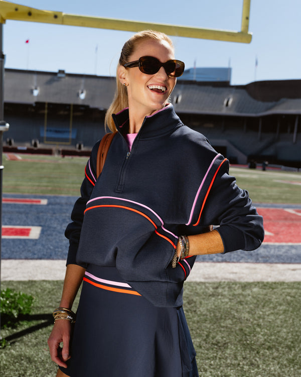 'On model product image of Soft Luxe Beaumount Quarter Zip Sweatshirt in Navy'