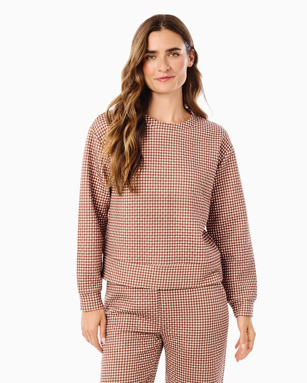 'On model product image of Quilted Bedford Sweatshirt in Milk Chocolate Gingham'