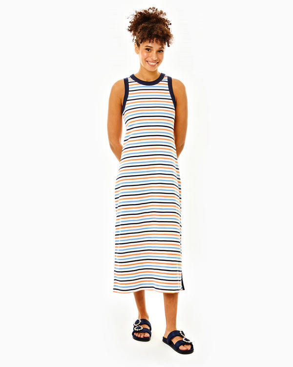 'On model product image of Ribbed Cotton Bellevue Midi Dress in Tropez Multi Stripe'