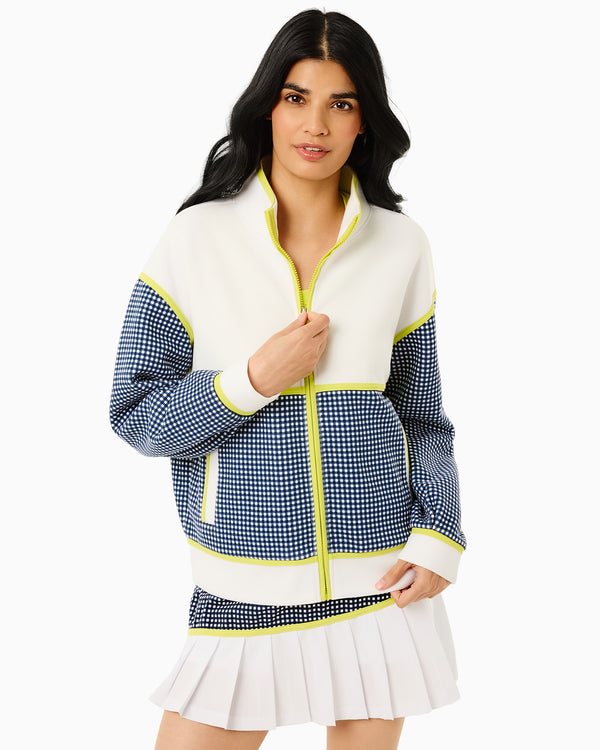 'On model product image of Midweight Double Pique Billie Full Zip Sweatshirt in Super White/Navy Gingham/Chartreuse'