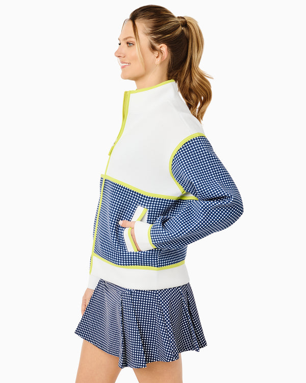 'On model product image of Midweight Double Pique Billie Full Zip Sweatshirt in Super White/Navy Gingham/Chartreuse'