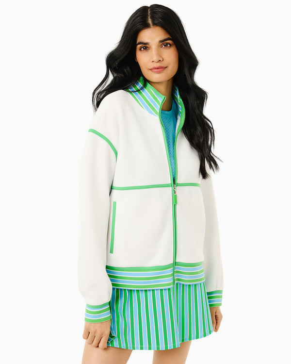 'On model product image of Midweight Double Pique Billie Full Zip Sweatshirt in Super White/Vintage Blue/Key Lime'