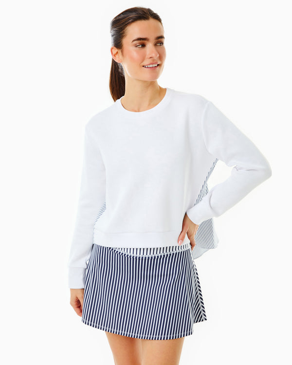'On model product image of Mixed Soft Luxe Bloom Pullover Sweatshirt in Super White'