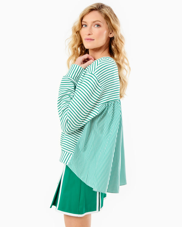 'On model product image of Mixed Soft Luxe Bloom Pullover Sweatshirt in Super White/Greenbrier Stripe'