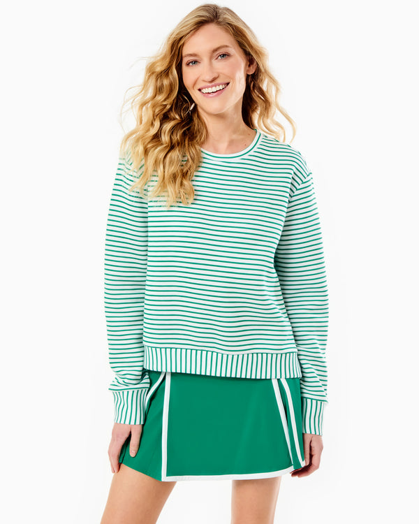 'On model product image of Mixed Soft Luxe Bloom Pullover Sweatshirt in Super White/Greenbrier Stripe'