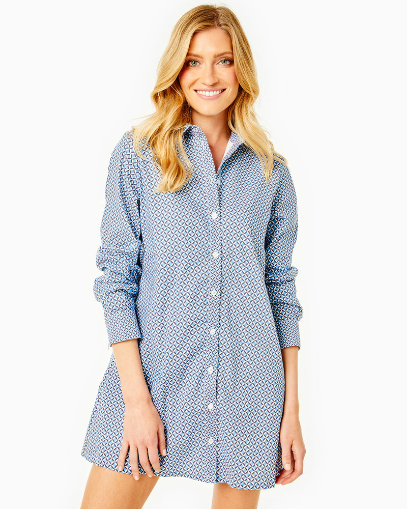 Model is wearing the bloom shirt dress in matisse geo