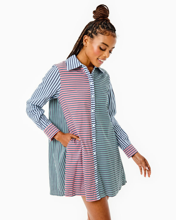 'On model product image of Cotton Poplin Bloom Shirt Dress in Navy/Cherry Stripe'