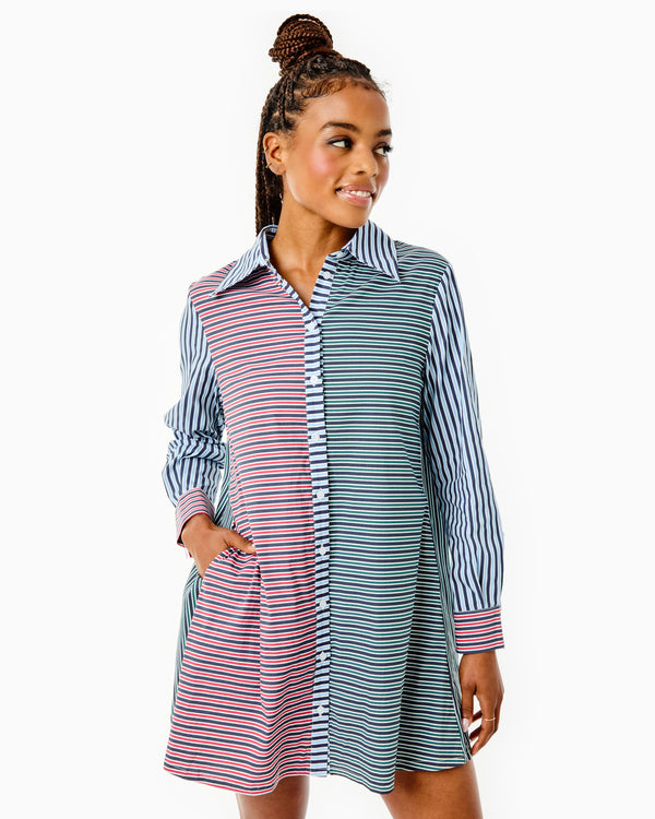 'On model product image of Cotton Poplin Bloom Shirt Dress in Navy/Cherry Stripe'