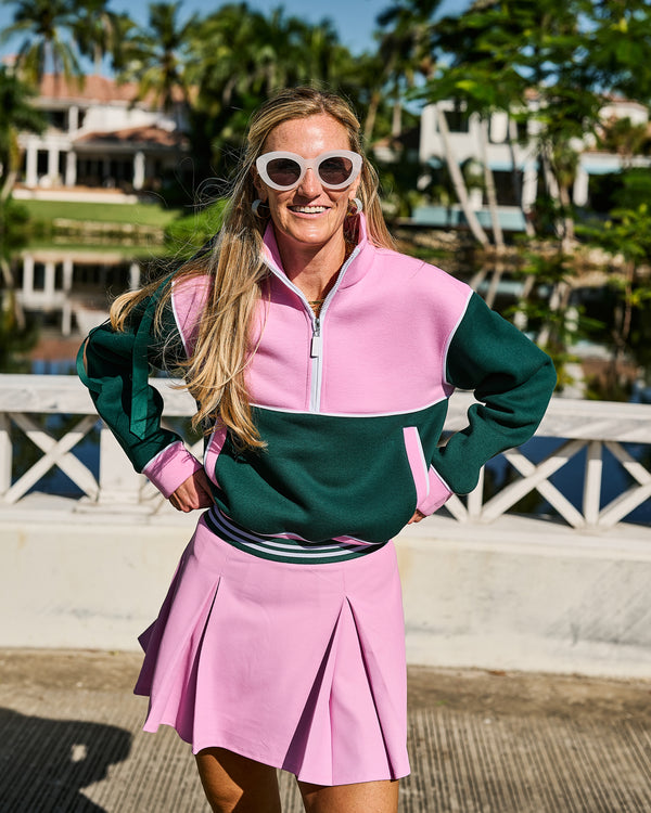 'On model product image of Active Pique Breakpoint Quarter Zip Sweatshirt in Bubblegum/Ivy'