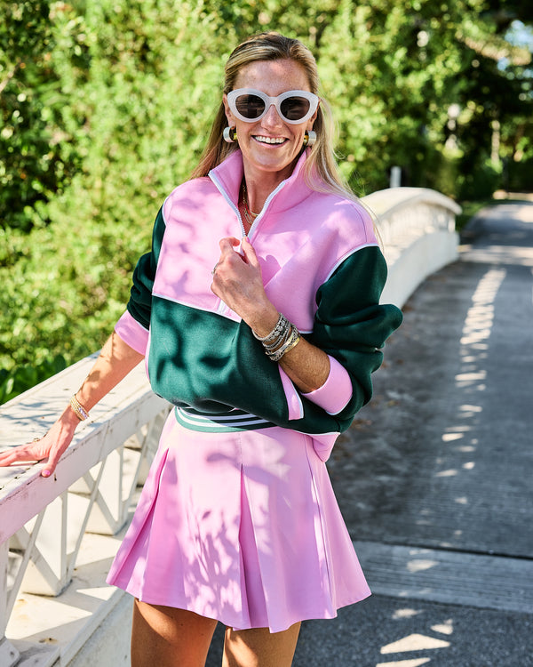 'On model product image of Active Pique Breakpoint 14.5in Skort in Bubblegum/Ivy'