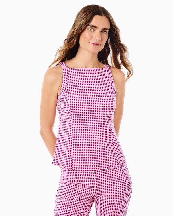 'On model product image of Ponte Briar Top in Plum Gingham'