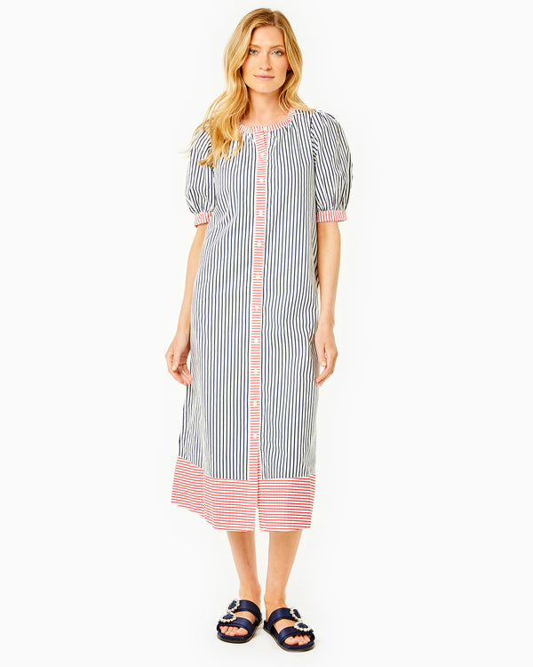 'On model product image of Cotton Poplin Cabana Dress in Navy/Poppy/Super White'