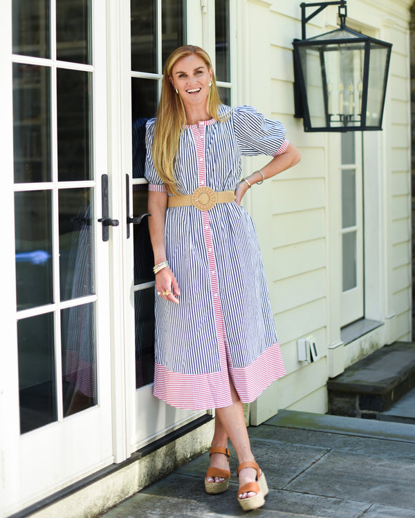 'On model product image of Cotton Poplin Cabana Dress in Navy/Poppy/Super White'