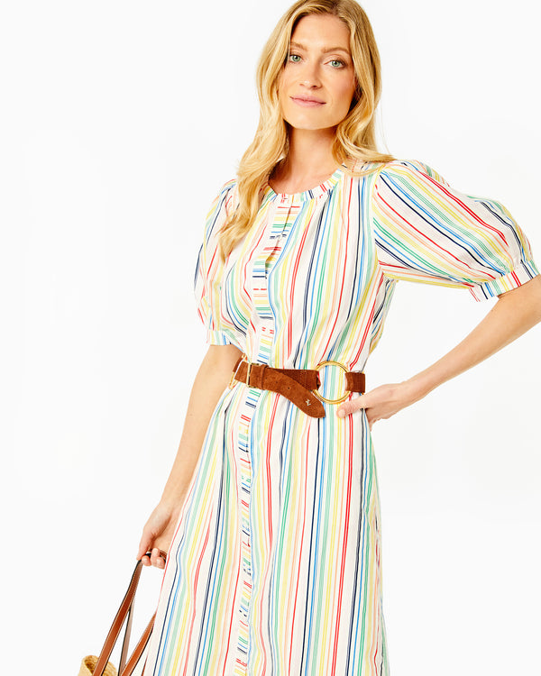 'On model product image of Cotton Poplin Cabana Dress in Rainbow Stripe'