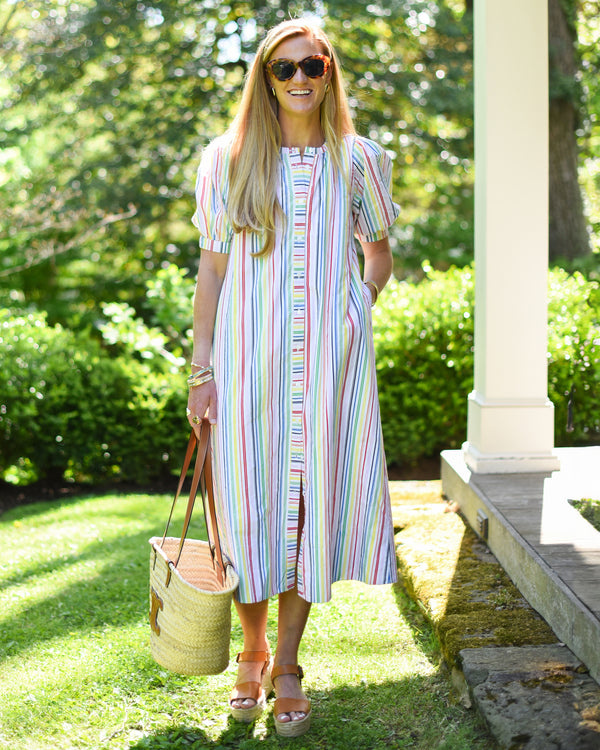 'On model product image of Cotton Poplin Cabana Dress in Rainbow Stripe'