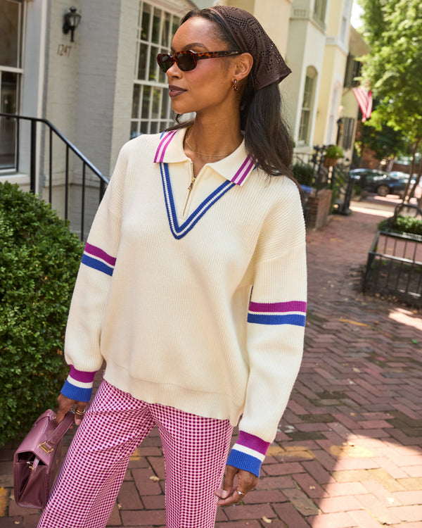 'On model product image of Knit Camden Quarter Zip Sweater in Cream/Plum Stripe'