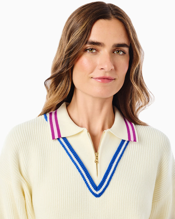 'On model product image of Knit Camden Quarter Zip Sweater in Cream/Plum Stripe'