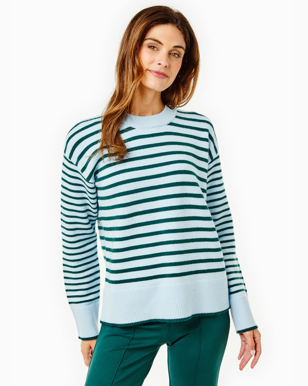 'On model product image of Knit Carlyle Crewneck Sweater in Baby Blue/Ivy Stripe'