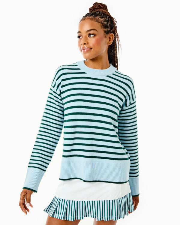 'On model product image of Knit Carlyle Crewneck Sweater in Baby Blue/Ivy Stripe'