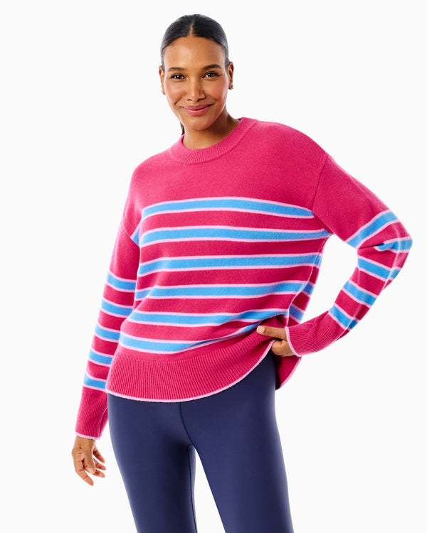 'On model product image of Knit Carlyle Crewneck Sweater in Berry/Blue Jay Stripe'