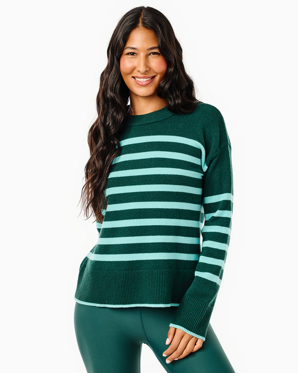 'On model product image of Knit Carlyle Crewneck Sweater in Ivy/Mint Stripe'