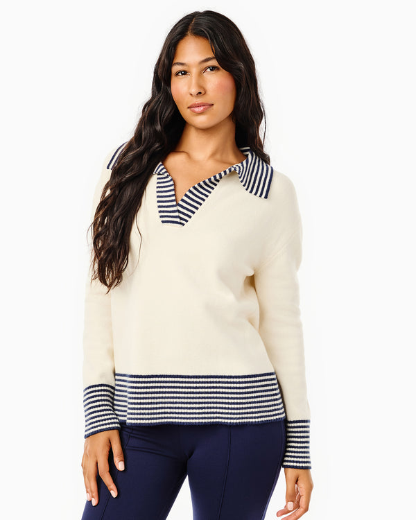 'On model product image of Knit Carlyle Rugby Sweater in Cream'