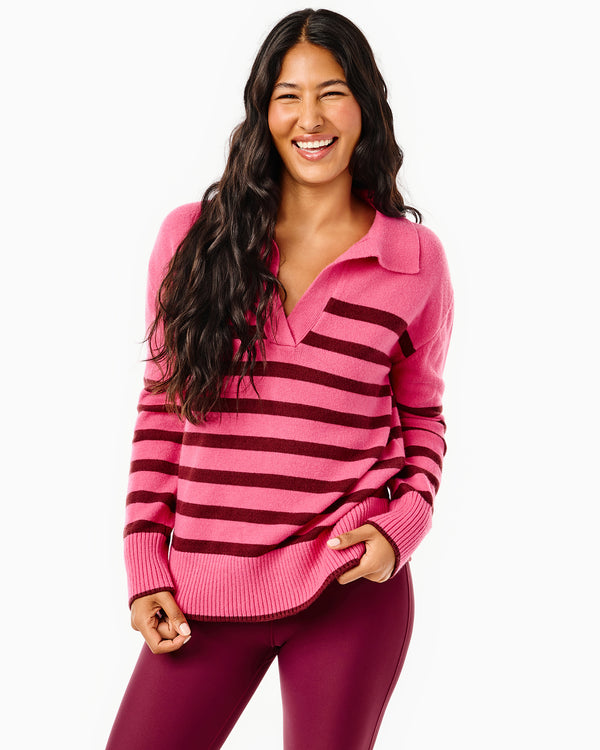 'On model product image of Knit Carlyle Rugby Sweater in Rose/Lacquer Stripe'