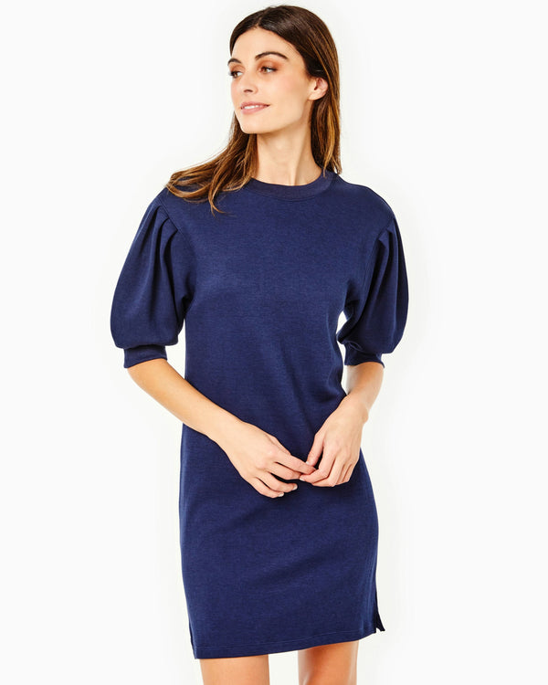 'On model product image of Soft Luxe Cedar Dress in Navy'