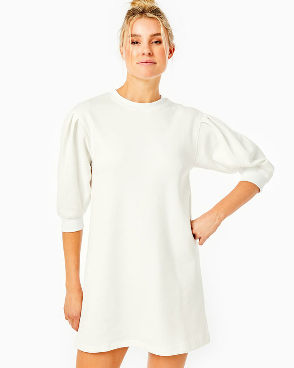 'On model product image of Soft Luxe Cedar Dress in White'
