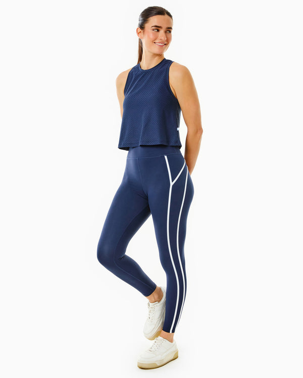 'On model product image of Luxe Sport High-Rise Chestnut Legging in Navy'