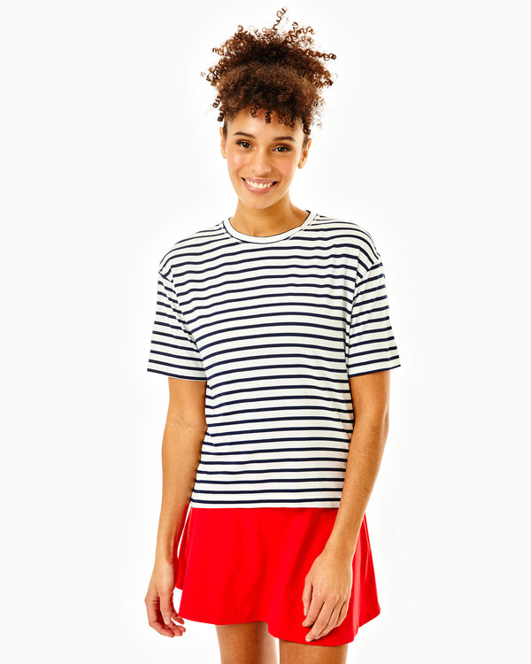 'On model product image of Drape Luxe Classic Short Sleeve in Navy Stripe'