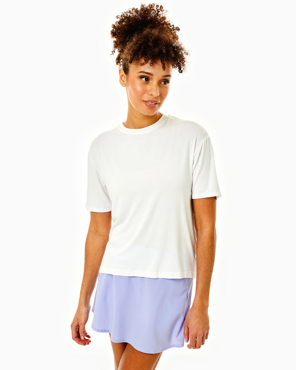 'On model product image of Drape Luxe Classic Short Sleeve in White'
