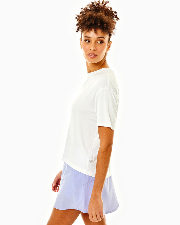 'On model product image of Drape Luxe Classic Short Sleeve in White'