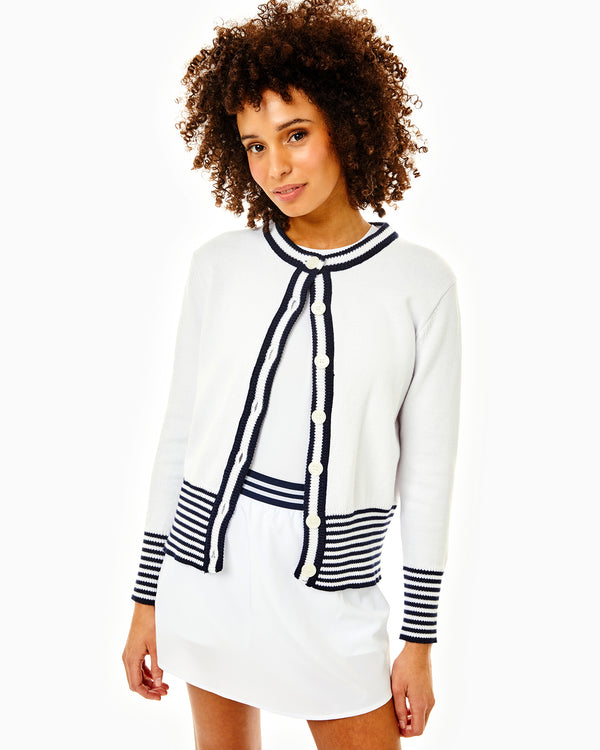 'On model product image of Cotton Knit Coastal Cardigan Sweater in Super White'