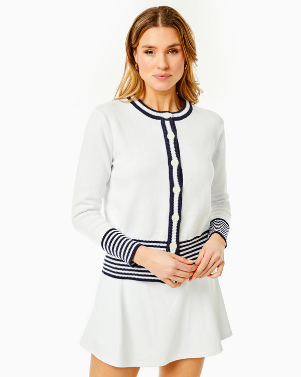 'On model product image of Cotton Knit Coastal Cardigan Sweater in Super White'