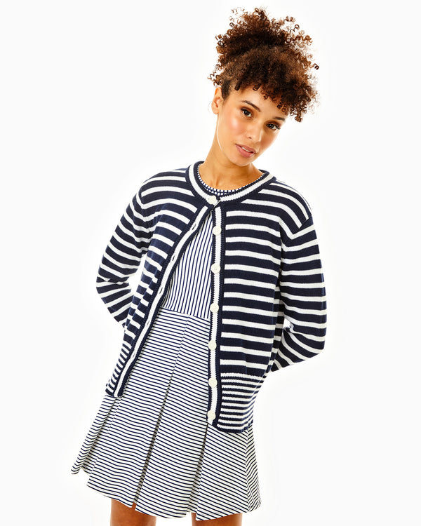 'On model product image of Cotton Knit Coastal Cardigan Sweater in Super White/Navy Stripe'