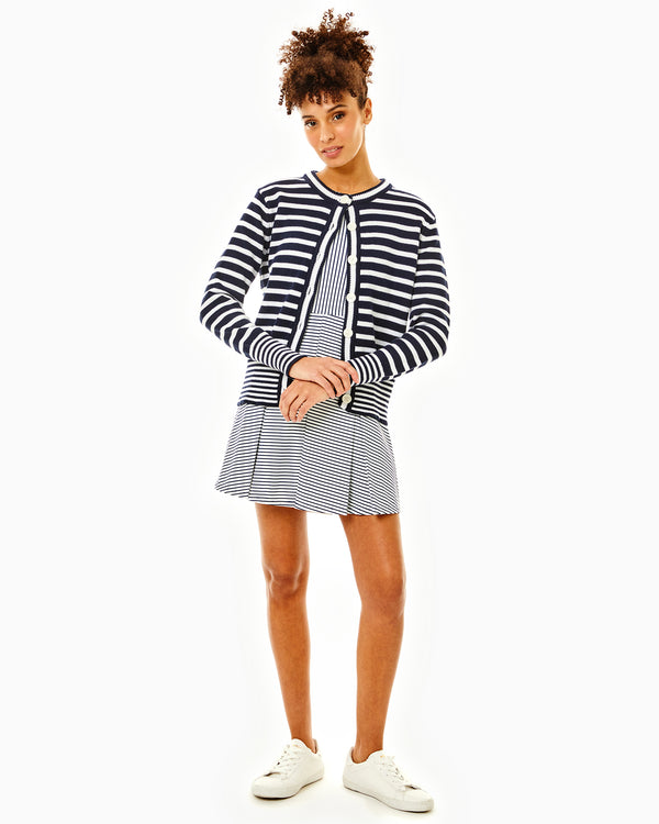 'On model product image of Cotton Knit Coastal Cardigan Sweater in Super White/Navy Stripe'