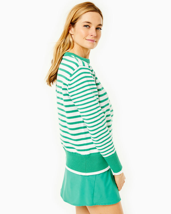 'On model product image of Cotton Knit Lightweight Coastal Crewneck Sweater in Super White/Palm Stripe'