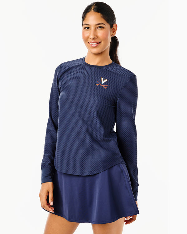 'On model product image of Collegiate Active Mesh Palmetto Long Sleeve in UVA Navy'