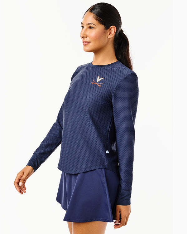 'On model product image of Collegiate Active Mesh Palmetto Long Sleeve in UVA Navy'