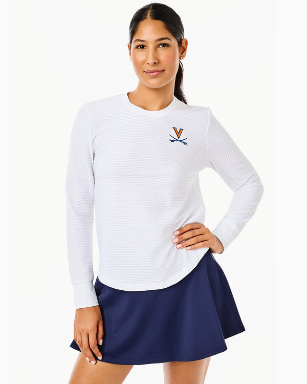 'On model product image of Collegiate Active Mesh Palmetto Long Sleeve in UVA Super White'