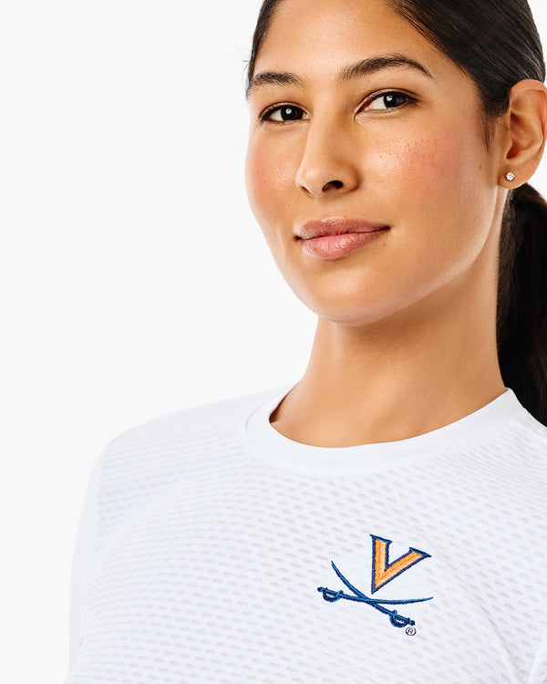 'On model product image of Collegiate Active Mesh Palmetto Long Sleeve in UVA Super White'