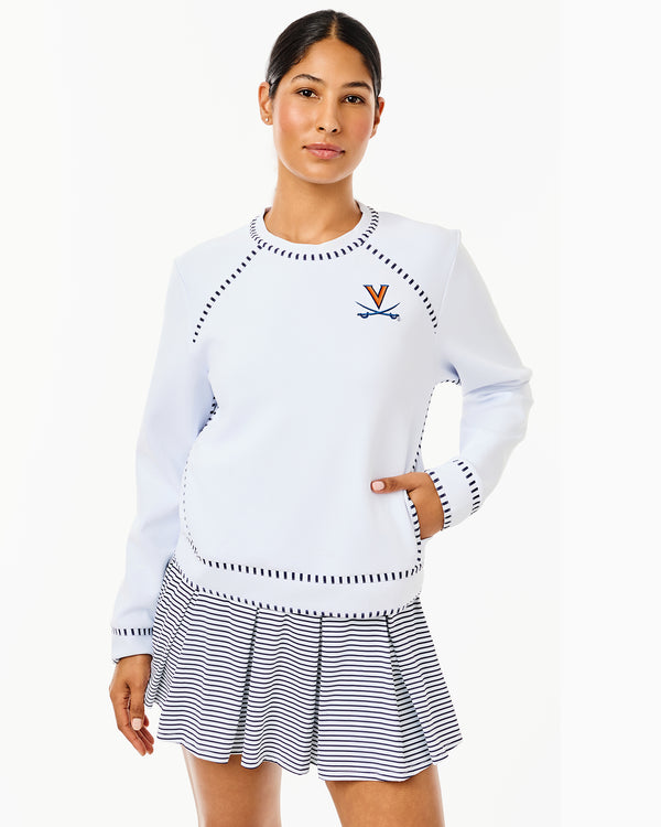 'On model product image of Collegiate Scuba Light Bainbridge Crewneck in UVA Super White'