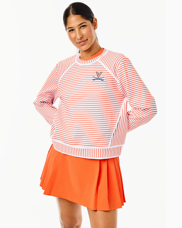 'On model product image of Collegiate Scuba Light Bainbridge Crewneck in UVA Super White/Papaya Stripe'