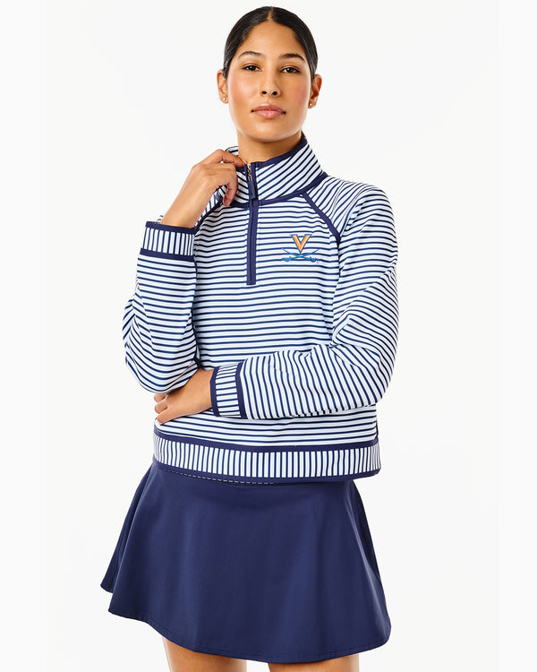 'On model product image of Collegiate Scuba Light Bainbridge Quarter Zip in UVA Navy/Super White Stripe'
